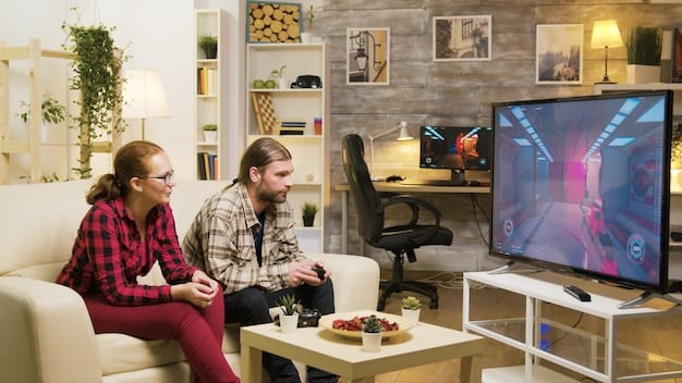A modern living room featuring a large-screen TV, smart home devices, and gaming consoles. The family is engaged in different tech activities, like watching a movie, playing video games, and using tablets. The image should highlight the diverse ways technology is integrated into daily life.