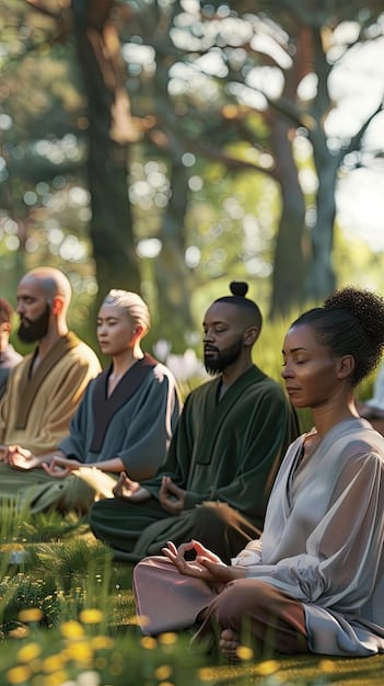 A diverse group of people participating in a wellness retreat. The scene includes yoga sessions, healthy meal preparation, and meditation practices. The image should emphasize holistic health and wellness activities.