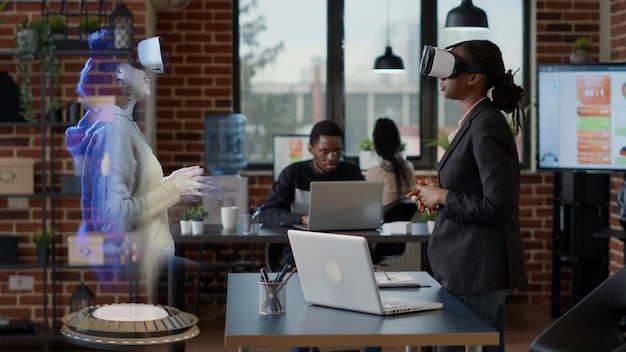 Diverse group of professionals collaborating on a project, with AI-powered tools assisting them. The scene shows both human interaction and technological integration.