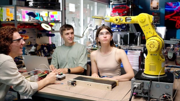 A split screen showing contrasting scenes: on one side, a futuristic automated factory with robots working; on the other side, a group of workers discussing strategies in an office setting.