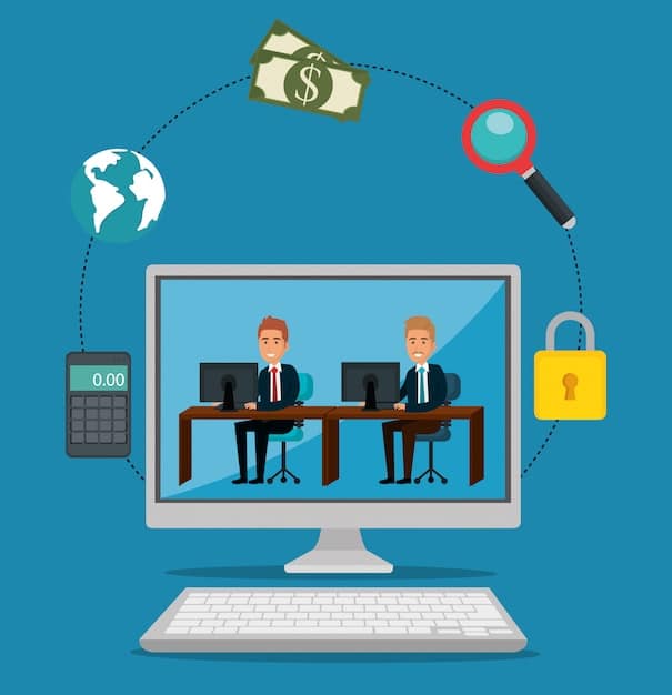 A split screen showing a person working on a laptop at home on one side, and a professional office setting on the other. Connecting them is a graphic representing payroll and tax compliance.