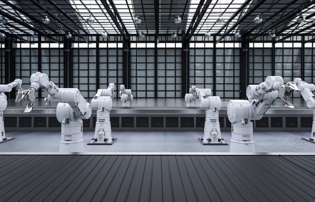 A modern factory floor with robotic arms assembling complex machinery, highlighting the advanced technology and precision manufacturing in the US.