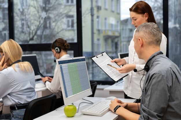 An office environment with various professionals analyzing tax documents and financial statements with charts and graphs displayed on a computer screen. The atmosphere is focused and detail-oriented.