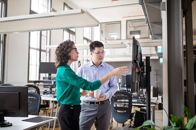 A modern office with new equipment being installed, showing employees excited about the upgrades. The setting highlights investment in technology and infrastructure for business growth.