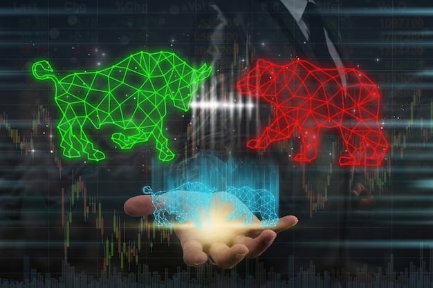 A split screen showing contrasting market reactions: on one side, a bullish stock market chart with upward-pointing arrows and smiling investors, and on the other side, a bearish chart with downward-pointing arrows and concerned investors.