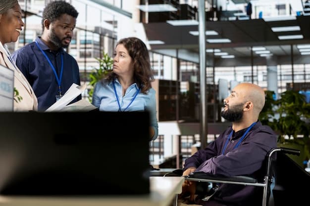 Employees working collaboratively in a diverse office environment, emphasizing inclusion and compliance.