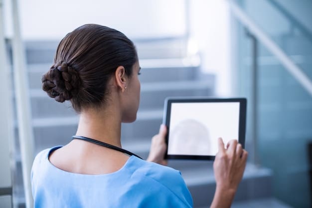 A doctor in a modern clinic using a tablet to consult with a patient remotely via telemedicine. The background shows advanced medical equipment and a clean, professional environment.