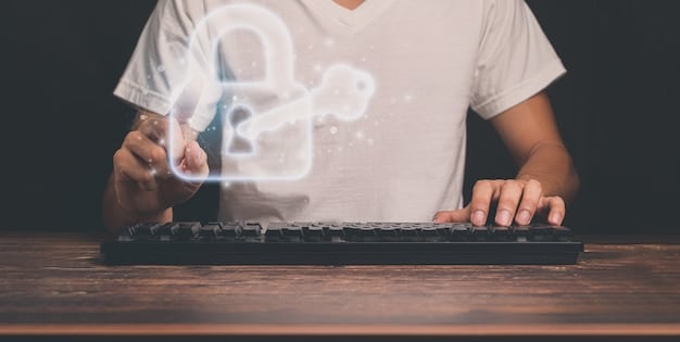 A person working on a computer, with a padlock icon overlayed on the screen, symbolizing the importance of data security and encryption measures in complying with new data privacy regulations. The focus is on the practical application of security technologies.