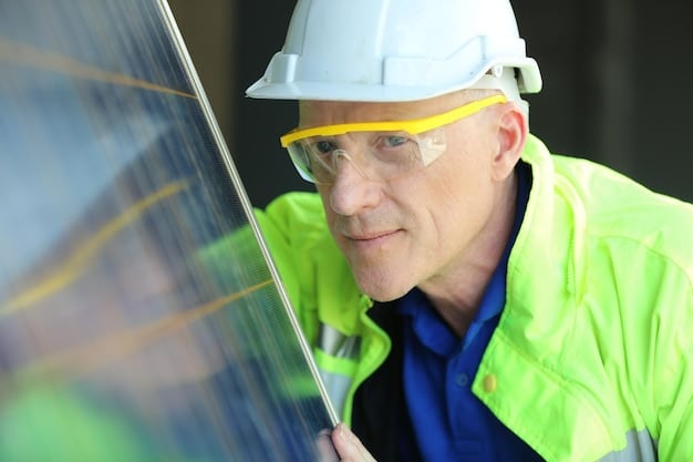 A close-up of an engineer working on a solar panel installation, wearing safety glasses and using specialized tools. The focus is on the technical aspects of green energy implementation.