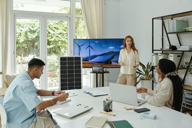 Interior of a small business office powered by solar panels, showcasing a modern and eco-friendly workspace. Employees are working on computers, highlighting the integration of green energy in daily business operations.