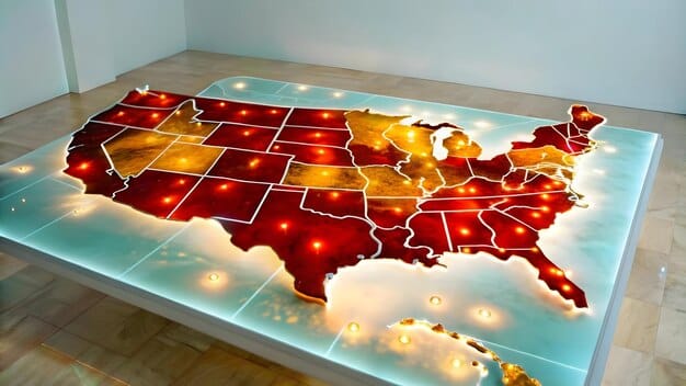 A map of the United States highlighting different regions with varying degrees of projected commercial property value decline in 2025.