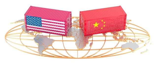 A infographic depicting a world map with the United States and China highlighted, connected by arrows representing the flow of goods. Key figures about trade volume and tariff rates are displayed.
