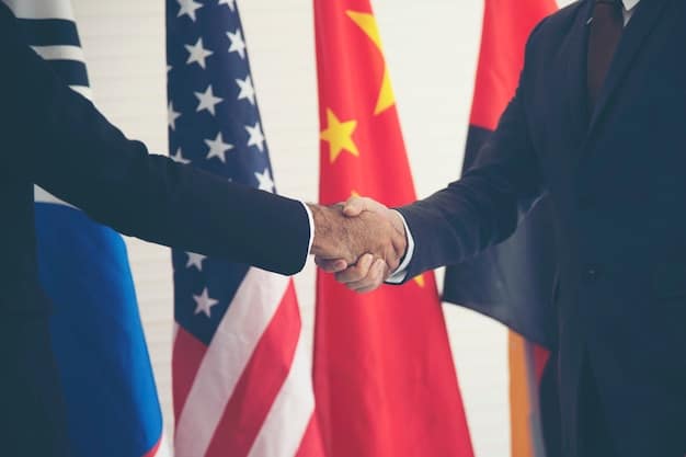 A hand shaking over a document symbolizing a trade agreement, with the US and Chinese flags subtly displayed in the background.