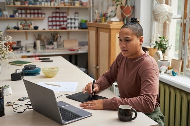 A small business owner sitting at their desk, looking at a laptop with a website displaying information about government grants and SBA loan programs. The owner is taking notes and appears to be carefully reviewing the eligibility criteria and application instructions.