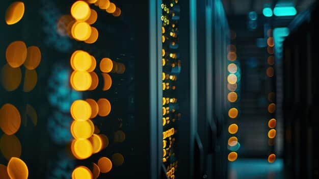 A close-up of a server room with blinking lights, representing the data infrastructure required for AI applications. The focus is on the complexity and scale of the technology.