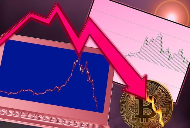 A graph showing the volatility of Bitcoin price over the course of a year. The image is in shades of blue and prominently features the Bitcoin logo.