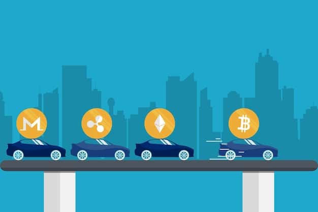 A graphic illustration depicting a rollercoaster with Bitcoin symbols on the cars, going up and down sharply to represent the volatile price fluctuations of cryptocurrencies.
