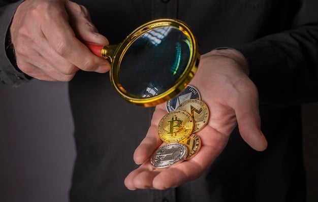 A person carefully examining a complex cryptocurrency market chart with magnifying glass, highlighting the importance of due diligence and research.