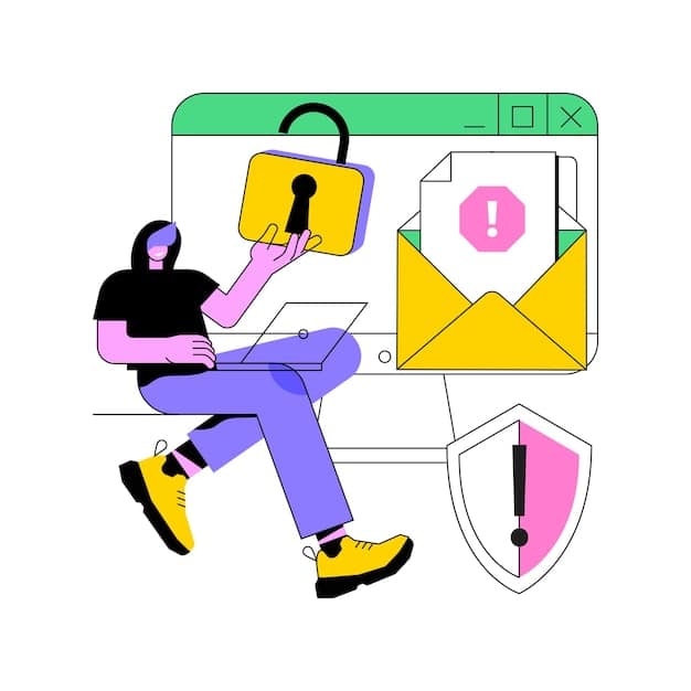 An illustration depicting a person using a secure email interface on a laptop, surrounded by lock icons and security shields, symbolizing email encryption and protection.