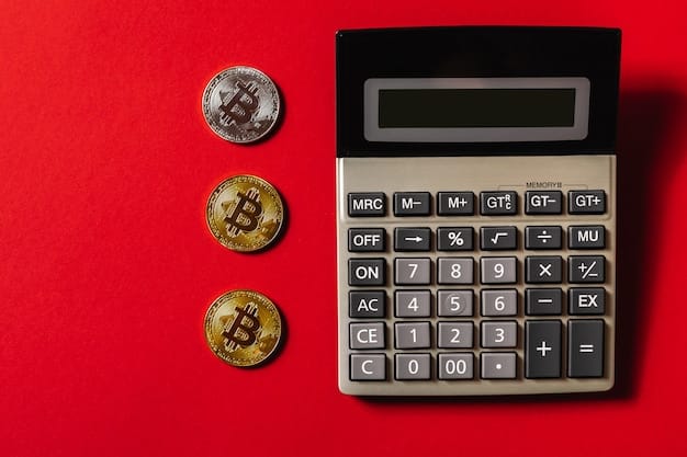 A close-up shot of a calculator with various cryptocurrency symbols surrounding it, along with a pen and notebook. The image illustrates the importance and practice of calculating gains and losses in cryptocurrency investment.