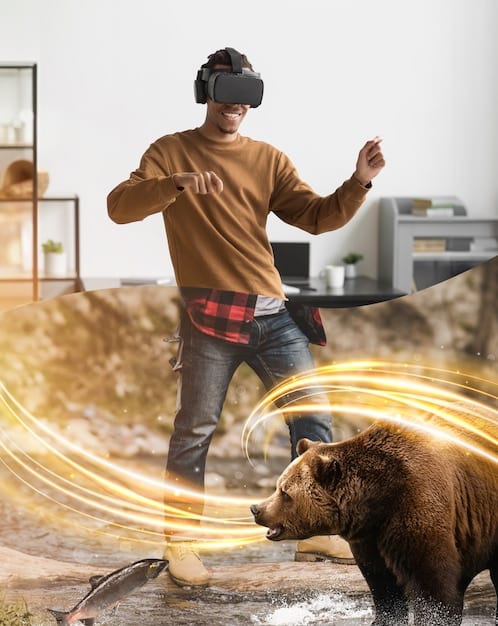 A person wearing a VR headset and interacting with a holographic interface displaying cryptocurrency data and metaverse environments. The scene mixes elements of gaming, finance, and social interaction.