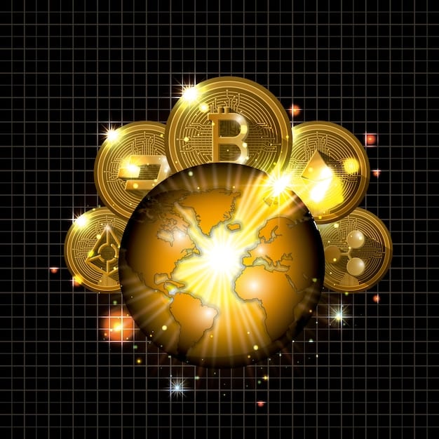 A digital illustration showing Bitcoin's logo surrounded by various global currencies and financial indicators, representing its interaction with the global financial market.