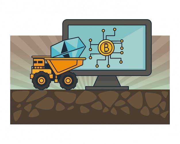 A detailed illustration of a Bitcoin mining process, showing the cryptographic hash being calculated and the successful block being added to the blockchain. The image highlights the energy consumption and computational power required for mining.