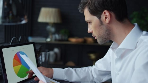 A person conducting market research by looking at various charts and graphs on a computer screen, with sticky notes of key insights.