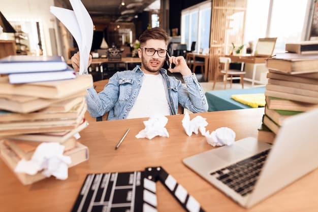 A frustrated startup founder sitting at a messy desk, surrounded by stacks of papers and a flickering laptop screen. The scene conveys the stress and overwhelm of a poorly managed seed funding campaign, contrasting sharply with the collaboration and optimism of successful startups.