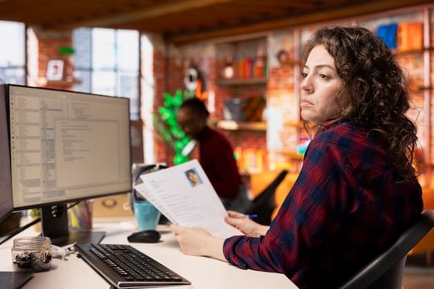 A startup recruiter reviewing resumes in a brightly lit office. The scene focuses on the recruiter's focused expression and the stack of diverse resumes, representing the initial stages of the hiring process and the importance of finding the right talent.