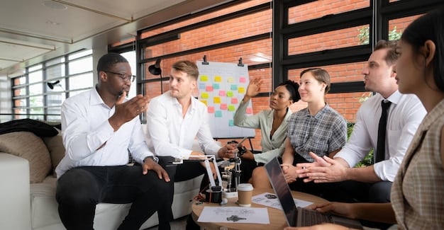 A strategic planning meeting in a modern startup office, with team members brainstorming and outlining steps to prepare the company for a potential exit.