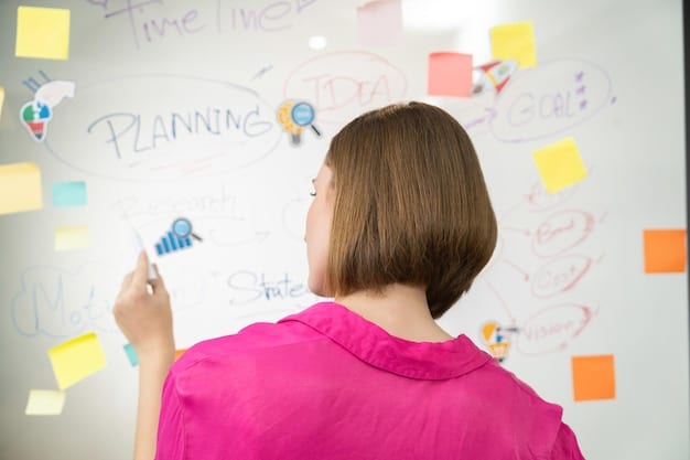 A whiteboard covered with sticky notes and mind maps, illustrating the process of defining a brand's values, mission statement, and unique selling proposition. The image conveys the strategic thinking involved in brand development.