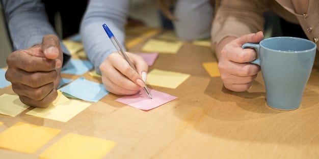 A close-up shot of a brainstorming session with diverse advisors around a table, highlighting markers, sticky notes, and charts indicating strategic planning and problem-solving for a US startup.