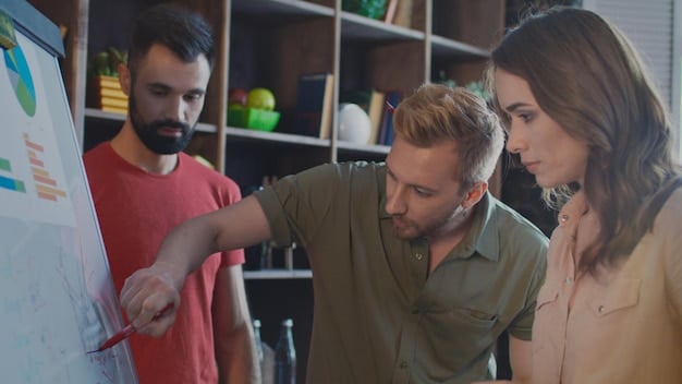 A startup team presenting their progress to an advisory board in a bright, modern office, showcasing a collaborative environment and the active engagement of advisors.