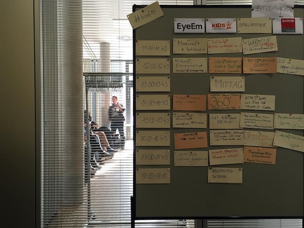 A whiteboard in a startup office covered with diagrams and notes related to product strategy and market analysis. Two people are standing in front of it, engaged in a discussion about their growth plans.