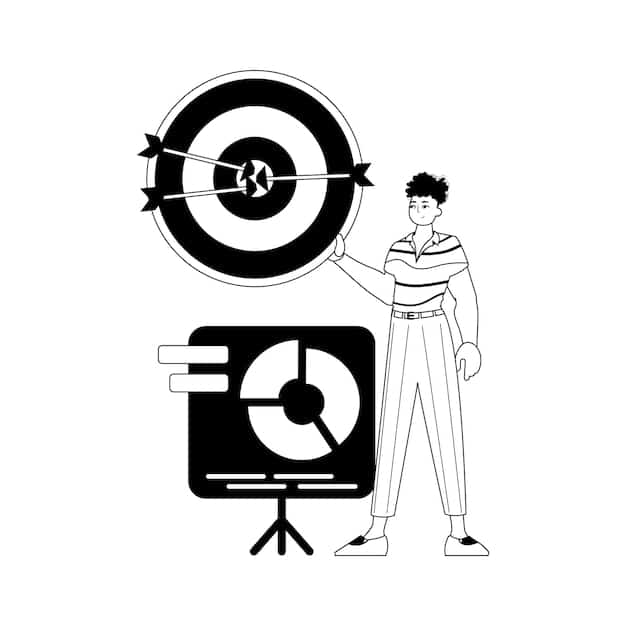 A simplified illustration of a bullseye target, with arrows hitting the center to represent successful market targeting and effective positioning, contrasted against blurred arrows scattered around the outer rings.