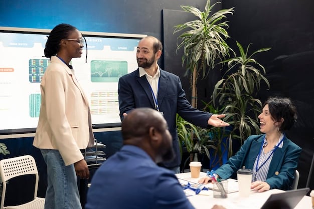 A founder presenting a pitch deck to a diverse group of investors in a modern conference room. The presenter is confident and engaging, using hand gestures to emphasize key points.