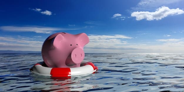 A piggy bank wearing a life preserver, surrounded by stormy weather in the background. Coins are scattered around the base of the piggy bank.