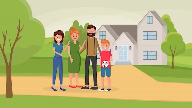 A family standing in front of their house, smiling confidently. The house is surrounded by a protective shield, symbolizing the safety provided by insurance.