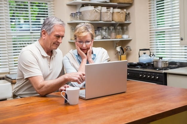 A Gen X couple sitting at a kitchen table, looking at a laptop displaying a retirement planning website, with bills and financial documents scattered around, symbolizing the challenges and responsibilities they face.