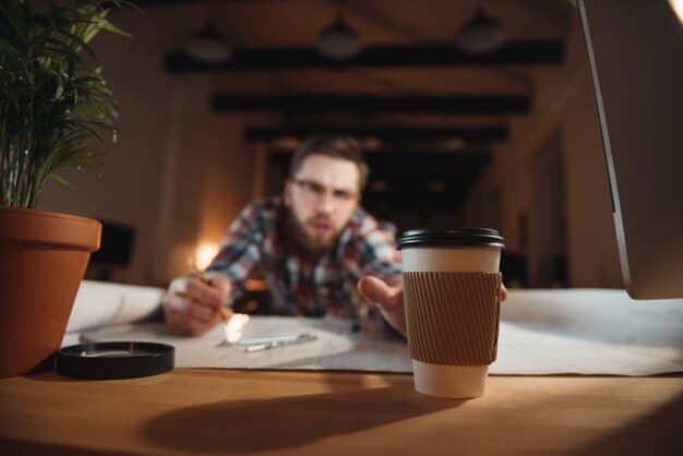 A person sitting at a desk reviewing financial documents with a cup of coffee, sunlight streaming through the window, focused and organized.