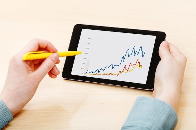 A graph showing upward trends with a person analyzing it on a tablet, representing market analysis and planning.