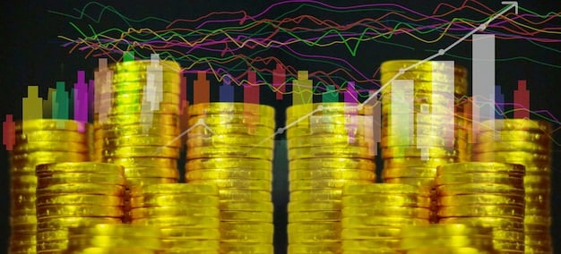 A graph showing investment growth with upward trending lines. Coins and stacks of bills are placed beside the graph, representing financial prosperity.