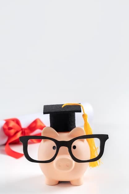 A piggy bank wearing a graduation cap, surrounded by textbooks and calculator, symbolizing the act of saving for college, with a slightly infographic background showing the growth of savings over time.