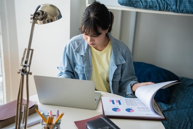 A person using a laptop and calculator to manage a spreadsheet of college expenses, with a visual emphasis on reducing spending categories and increasing savings.