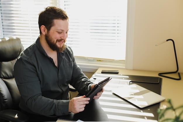 A close-up image of a business owner reviewing a financial spreadsheet on a tablet, with a pen in hand and a calculator nearby. The focus is on the tablet screen, showing various financial metrics and graphs.