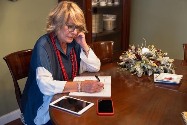 A senior woman sitting at a desk with various Medicare plan documents, thoughtfully comparing the coverage details with a pen in hand.