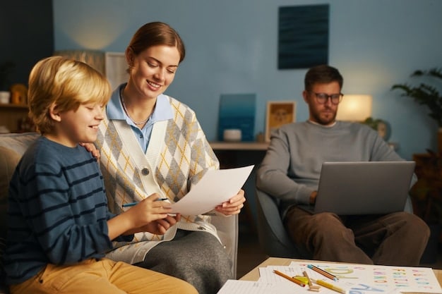 A family discussing financial plans at a table with open notebooks, depicting collaboration and shared financial goals.