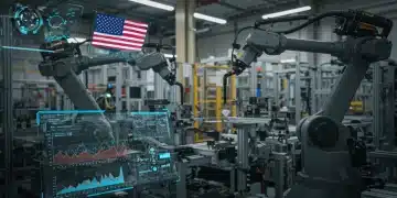 Advanced manufacturing facility showcasing robotic automation and real-time supply chain data in the US.