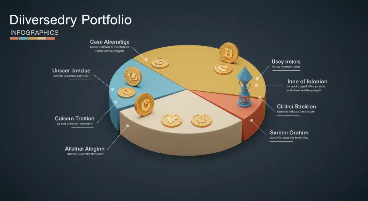 Infographic showing a diversified cryptocurrency portfolio pie chart with various altcoin allocations.